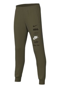 Olive green jogger pants made of soft fabric, featuring an elastic waistband, side pockets, and various Nike logos printed in black and white.