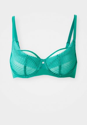 Teal bra with mesh detailing, underwire support, and adjustable straps. The design features a smooth lower band and textured cups.