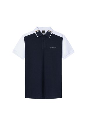 Navy blue polo shirt with white short sleeves, featuring a collar and an embroidered logo. Thin white and gold accents on the shoulders.