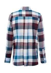 Long-sleeve, plaid shirt in red, blue, and white. Features a classic collar, buttoned cuffs, and a boxy silhouette with a back pleat.