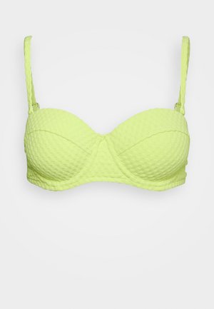 Sutiã acolchoado em verde limão texturizado com aros, alças ajustáveis e uma forma suave e contornada. Sem detalhes de metais visíveis.