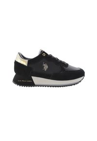 Schwarze Sportlichkeit Sneaker mit Obermaterial aus Wildleder und Synthetik, goldenen Akzenten an der Ferse, Logo an der Seite und strukturiertem Gummisohle.