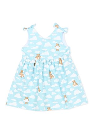Vestito azzurro chiaro per bambino con nuvole bianche e orsacchiotti marroni, con fiocchi sulle spalle e vita arricciata.