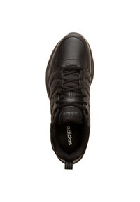 Black athletic shoe with leather upper, mesh accents, and laces. Features prominent Adidas branding on the tongue and side.