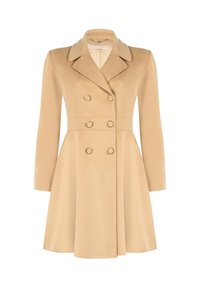 Cappotto in misto lana beige con design doppiopetto, colletto a rever, maniche lunghe e bottoni in tonalità oro. Texture liscia e forma aderente.