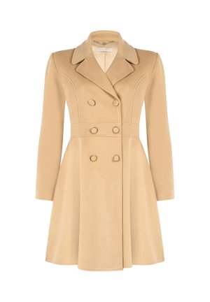 Beige wolmix jas met een dubbelzijdig ontwerp, ingesneden kraag, lange mouwen en goudkleurige knopen. Gladde textuur en getailleerde pasvorm.