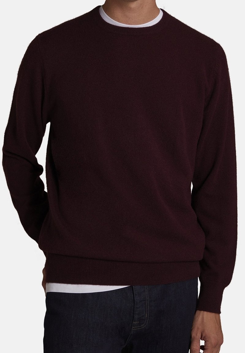 Homme portant un pull violet foncé à col rond sur une chemise blanche, associé à un jean bleu foncé, sur un fond clair uni.
