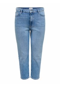 Jean en denim bleu clair avec une coupe droite, taille mi-haute, fermeture à bouton et à zip, et design à cinq poches. Texture lisse avec un minimum d'usure.