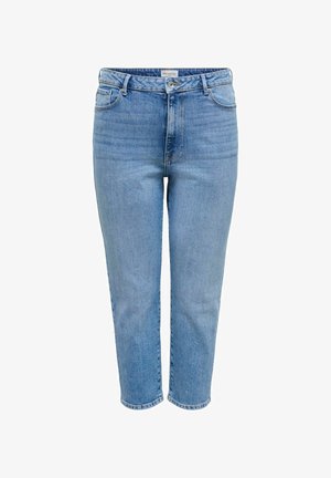 Jean en denim bleu clair avec une coupe droite, taille mi-haute, fermeture à bouton et à zip, et design à cinq poches. Texture lisse avec un minimum d'usure.