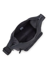 Black nylon waist bag with a smooth texture, zip closure, and adjustable strap. Interior features a simple, unembellished design.