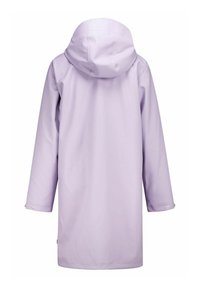 Light purple waterproof raincoat with a hood, long sleeves, and snap closures at cuffs, featuring smooth texture and simple design.