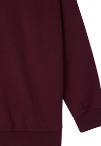 Ciemno-bordowy sweter z długim rękawem, z prążkowymi mankietami i dołem, na białym tle.