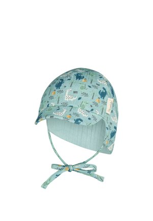 Light blue baby bonnet with dinosaur and nature patterns, featuring a small brim and tied chin straps.