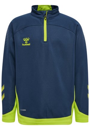 Marineblauw quarter-zip pullover met limoen groene accenten, gestructureerde schouders en meshpanelen, met "hummel" logo en "BECOOL" detail.