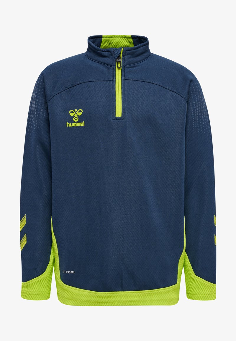 Mörkblå kvartzip-tröja med limegröna accenter, texturerade axlar och meshnätpaneler, med "hummel"-logga och "BECOOL"-detalj.