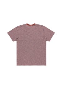Rood-witte gestreepte T-shirt met korte mouwen en een rode geribde kraag, gemaakt van katoen en met een relaxte pasvorm. Achteraanzicht weergegeven.