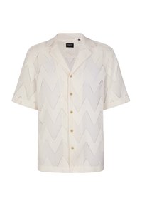 Crème-kleurig shirt met korte mouwen, open weefstructuur en zigzagpatroon. Heeft een knoopsluiting aan de voorkant en een klassiek kraagontwerp.