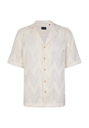 Crème-kleurig shirt met korte mouwen, open weefstructuur en zigzagpatroon. Heeft een knoopsluiting aan de voorkant en een klassiek kraagontwerp.