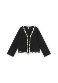 Cardigan nero a maniche lunghe, con scollatura a V e decorazioni a tranciato crema. Include una chiusura anteriore con riporti neri.