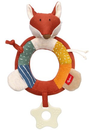 Roter und cremefarbener Stofffuchs-Rassel mit einem runden Körper, mehrfarbigen Patches und einem sternförmigen Beißring, der am Boden befestigt ist.