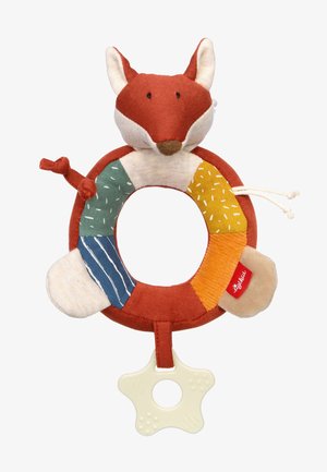 Red and cream fabric fox rattle with a circular body, multi-colored patches, and a star-shaped teething ring attached at the bottom.
