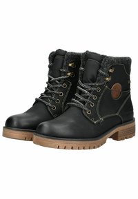 Botas de tobillo de cuero negro con acentos de piel gris, ojales de metal y suelas de goma gruesas. Cordonera gris oscuro con detalles de costura en contraste.