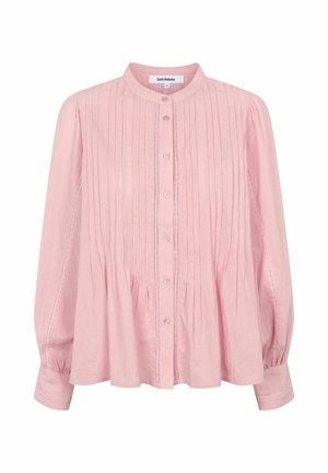 Rosa Bluse mit langen Ärmeln, rundem Kragen, plissiertem Design, Knopfleiste vorne und Puffärmeln, gefertigt aus leichtem Stoff.