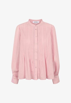 Rosa Bluse mit langen Ärmeln, rundem Kragen, plissiertem Design, Knopfleiste vorne und Puffärmeln, gefertigt aus leichtem Stoff.