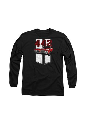 Schwarzes Langarmshirt mit rotem Vintage-Autografik und großer roter Zahl 442 über weißen vertikalen Streifen in der vorderen Mitte.