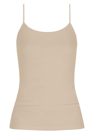 Débardeur beige ajusté en tissu lisse et extensible. Il présente des bretelles fines et un col arrondi, idéal pour le superposition.