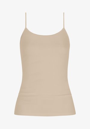 Top camicia beige aderente realizzato in un tessuto liscio ed elastico. Presenta spalline sottili e un collo rotondo, adatto per essere indossato a strati.