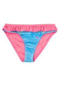 Parte inferiore di bikini rosa e blu con vita arricciata, tessuto gather e motivi floreali arancioni e gialli su un tessuto morbido.