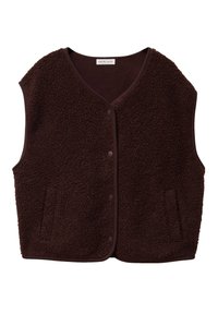 Brown, sleeveless vest made of textured fabric with a soft, fuzzy surface. Features a V-neck, button closure, and two side pockets.