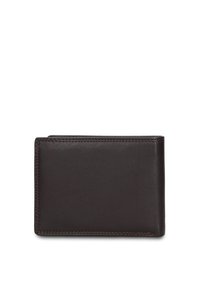 Portafoglio marrone in pelle con superficie testurizzata, design a doppia piega, bordi arrotondati e cuciture a contrasto. Stile compatto e minimalista.