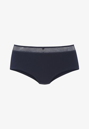 Slip alto in jersey blu navy con vita in pizzo trasparente. Bordo liscio e taglio classico per il massimo comfort.