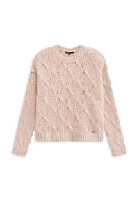 Beige Kabelstrickpullover mit Rundhalsausschnitt, langen Ärmeln, gerippten Bündchen und Saum, der mit strukturierten, erhabenen Rautenmuster verziert ist.