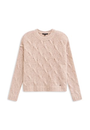 Beige Kabelstrickpullover mit Rundhalsausschnitt, langen Ärmeln, gerippten Bündchen und Saum, der mit strukturierten, erhabenen Rautenmuster verziert ist.