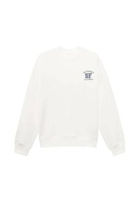 Bela dolgi rokav crewneck majica s potiskom "San Francisco SF California" v modri barvi na levem prsnem predelu.
