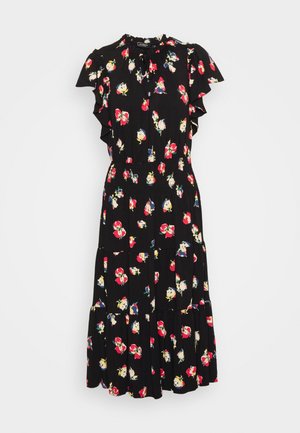 Zwarte midi-jurk met multicolor bloemenprint, korte gerimpelde mouwen, hoge halslijn met strik, en een geplooide taille met een gelaagde rok.