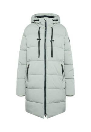 Hellgrüne Pufferjacke mit Reißverschluss vorne, verstellbarem Kapuzen und schwarzen Kordeln. Sie verfügt über zwei seitliche Reißverschlusstaschen und ein lässiges Design.