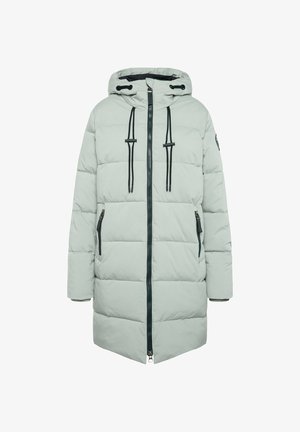 Hellgrüne Pufferjacke mit Reißverschluss vorne, verstellbarem Kapuzen und schwarzen Kordeln. Sie verfügt über zwei seitliche Reißverschlusstaschen und ein lässiges Design.