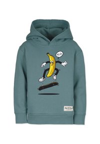 Teal hoodie med en tecknad banan som åker skateboard, med vita handskar och skor. "FLIP" text ovanför, och ett varumärkesmärke vid nedre fållen.