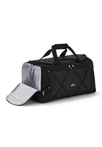 Black duffel bag with a rectangular shape, featuring a gray interior, dual handles, zip closure, and crisscross exterior stitching.