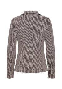 Blazer cintré pour femme avec manches longues et rayures diagonales grises et blanches, montré de dos sur fond blanc.