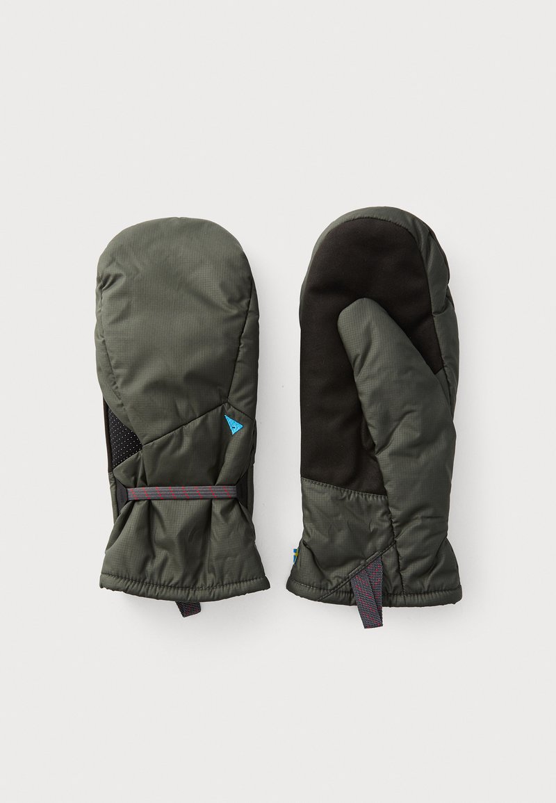 Dark green padded mittens with a textured black grip, elastic cuffs, and blue and red accents; streamlined design for warmth and protection.