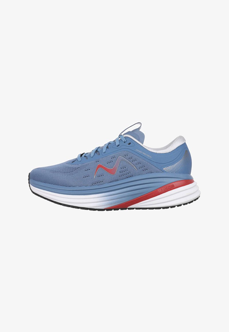 Chaussure de course athlétique bleue avec logo rouge et argent, semelle blanche amortie et bande de roulement noire, vue de profil droit.