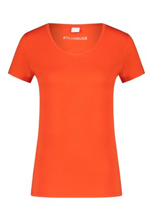 T-shirt à manches courtes orange vif avec encolure dégagée et texte blanc « #ThisIsBOSS » imprimé à l'intérieur du col.