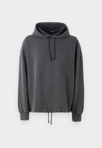 Felpa con cappuccio di colore grigio scuro, realizzata in tessuto morbido. Presenta un cappuccio con coulisse, polsini a costine e una vestibilità comoda con coulisse all'orlo.