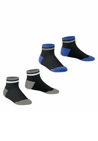 Drei Paar Knöchelsocken: schwarz mit blauer Spitze und Kragen, schwarz mit grauer Spitze und weißem Streifen, grau mit schwarzem Fersenbereich. Rippstruktur.