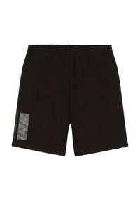 Pantaloni sloop in cotone neri con cintura elastica, un logo laterale in argento e una vestibilità regolare. Texture liscia senza ulteriori motivi.